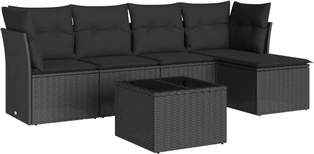 vidaXL 6-tlg Garten-Sofagarnitur in L-Form aus Polyrattan mit Kissen in Schwarz - Bild 1