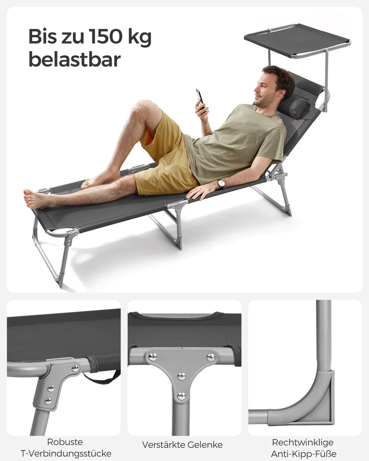 SONGMICS Gartenliege Set aus 2 Stück, klappbare Liegestühle in Schwarz mit verstellbarer Kopfstütze und Seitentasche - Bild 4