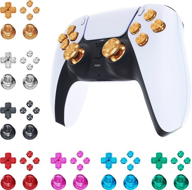 eXtremeRate Ersatzteil-Set aus Metall für PS5-Controller mit analogen Thumbsticks, Dpad und ABXY-Tasten in Gold und Grün - Bild 1