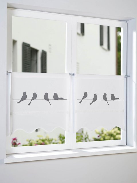 Heine Home Stoffvorhang Vogel in Weiß und Grau aus 100% Baumwolle, blickdicht, mit Tunnelzug - Bild 1