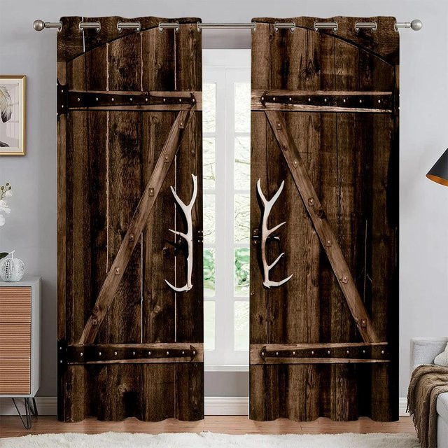 Yiran Furniture Retro Fenstervorhang mit realistischem 3D-Holztür-Druck in Braun, B: 150 cm, H: 166 cm - Bild 1