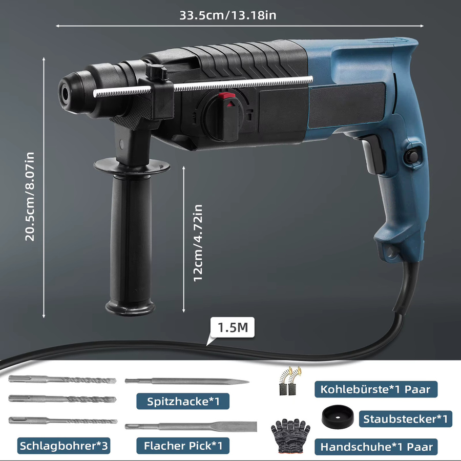 Elektrischer Bohrhammer mit 3000W und 4 Funktionen, SDS Plus Abbruchhammer in Blau inklusive Meißeln, Bohrer und Tragetasche - Bild 2