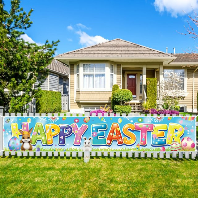 VIKAMA Oster-Außenbanner Happy Easter mit floralem Blumendruck als festliche Gartendekoration, Mehrfarbig, B: 40 cm, H: 180 cm - Bild 1