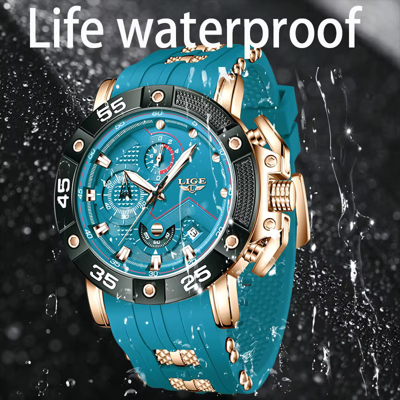 TOP LIGE Armbanduhr Quarz, Silikon, Blau, Gold, Herren - Bild 3