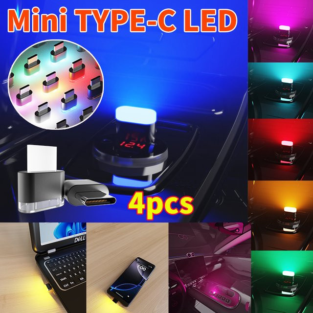 GZQGT 4er-Set USB-LED-Auto-Innenbeleuchtung mit Typ-C-Schnittstelle, RGB-Umgebungslicht in Mehrfarben für dekorative Atmosphäre im Fahrzeug - Bild 1