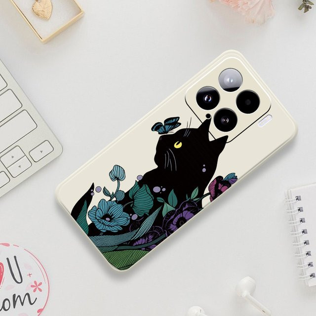 Handyhülle mit Schwarzer Katze und Blumenmuster für Xiaomi Mi 15 Ultra, Mi 14T, 13T, 12T, 11T Pro in Schwarz und Multicolour - Bild 1