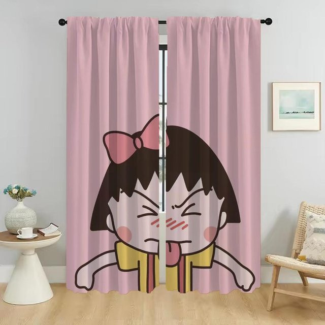 Chibi Maruko Küchenvorhänge 2er-Set, halbtransparent, Farbe: Pink, B: 50 cm, H: 70 cm - Bild 1