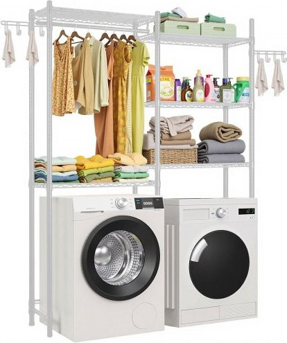 VEVOR Lagerregal für Waschmaschine und Trockner, 5-stufiges Wäscheständer-Gestell aus Kohlenstoffstahl mit Kleiderstange und verstellbaren Regalen, Weiß, Höhe: 196,5 cm, Breite: 147,0 cm, Tiefe: 34,0 cm - Bild 1