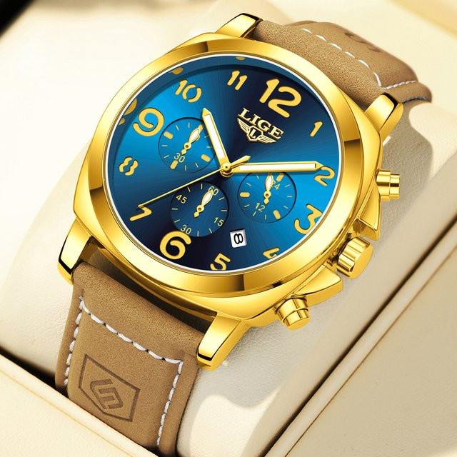 LIGE Armbanduhr Quarz, Leder, Blau, Herren - Bild 1