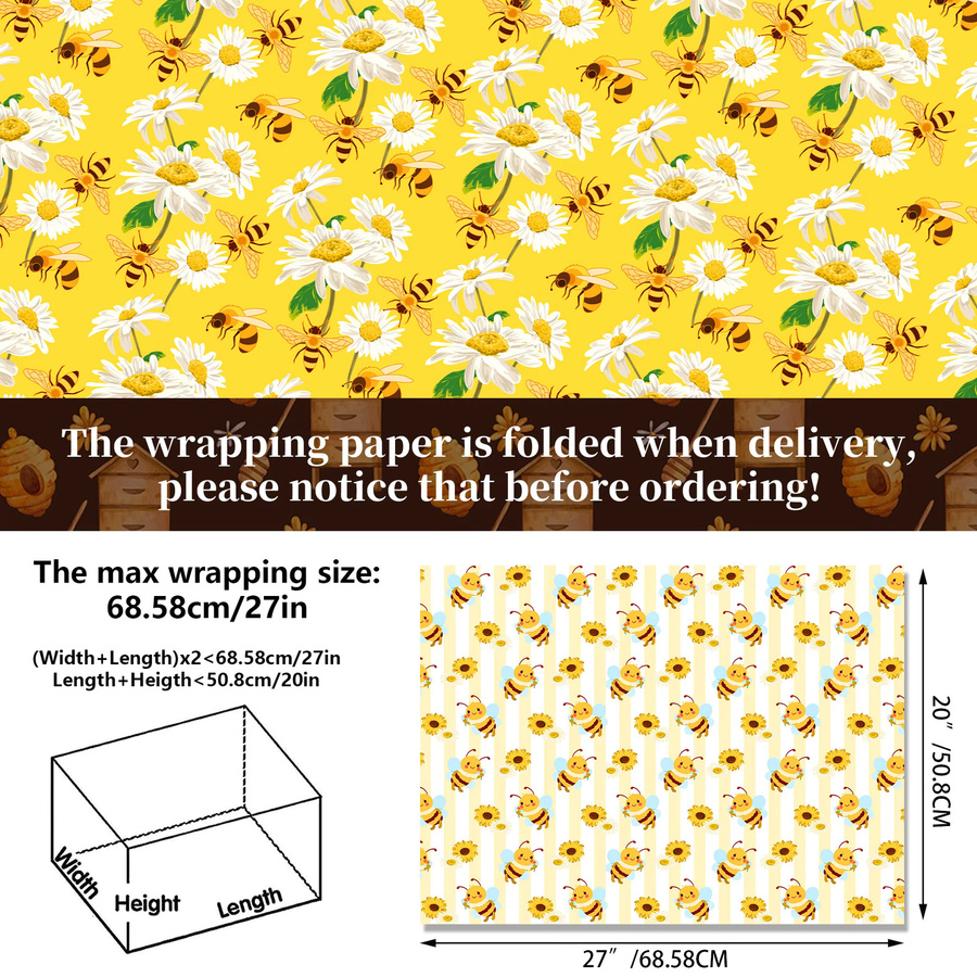 12 Stück Dekoratives Geschenkpapier mit Cartoon Honigbiene und Frühlingsmuster in Gelb für DIY Bastelarbeiten und Babypartys - Bild 4