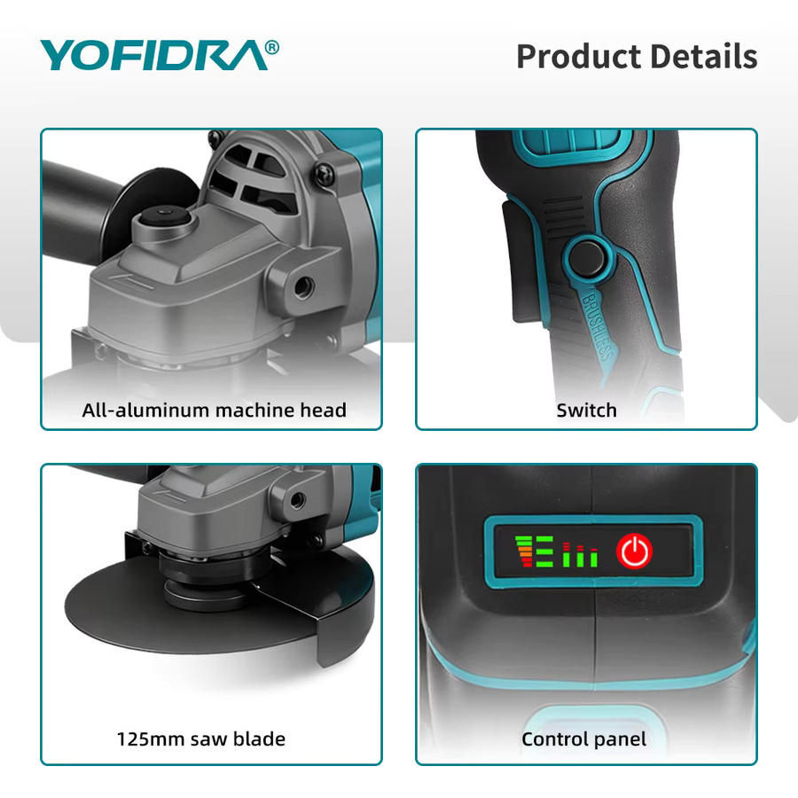 YOFIDRA Bürstenloser Winkelschleifer 125 mm mit 3 Gängen, kabellose Schleifmaschine für Makita LXT Akkus zur Holzbearbeitung und zum Schneiden - Bild 4