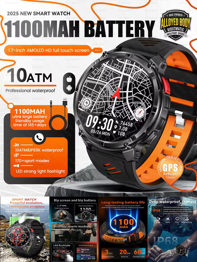 GUHUAVMI Military GPS Smartwatch für Männer in Schwarz mit Bluetooth Anruffunktion, Taschenlampe und wasserdichtem Gehäuse - Bild 6