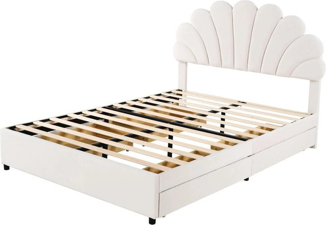 okwish Polsterbett für Kinder aus Samt in Beige mit 2 Ablagefächern, B/T/H: 140 x 200 x 116 cm - Bild 1