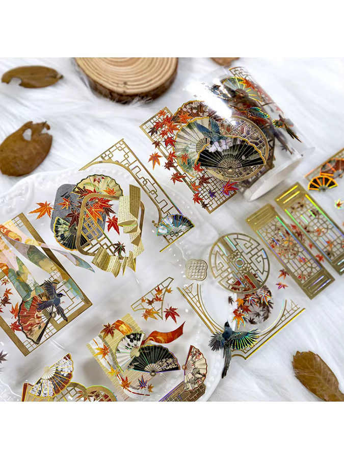 Dekoratives PET-Washi-Klebeband im chinesischen Stil mit Ahornblatt-Fächer-Motiv in Gold, 2 m Länge - Bild 1