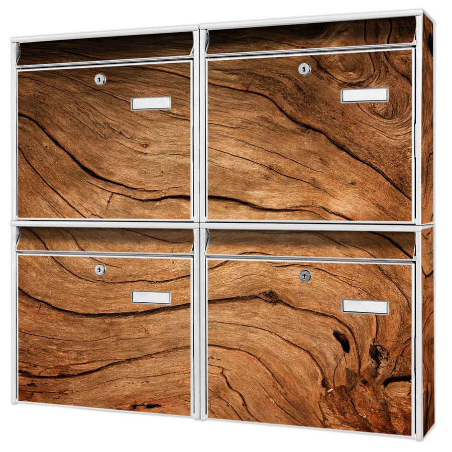 banjado Burg Wächter Briefkastenanlage für 4 Parteien in Weiß mit Holzmaserung Motiv, B/H/T: 64,5 x 72,5 x 10 cm, verzinkt und lackiert - Bild 1