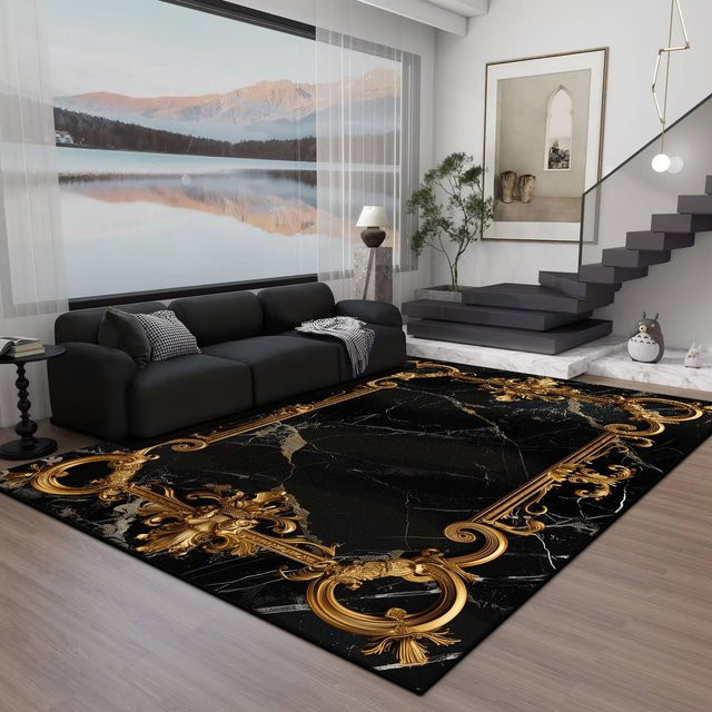 Karpetti Teppich in Schwarzgoldener Marmor-Optik, waschbar und rutschfest, B/T: 60 x 90 cm - Bild 1