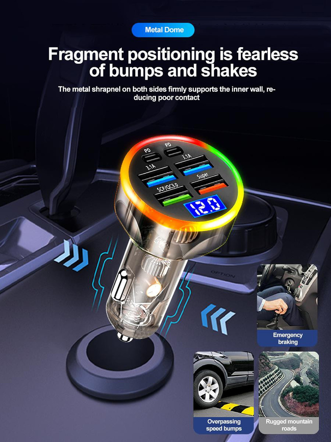 YJMP Auto Parts 200W Autoladegerät mit 6 Ports, PD QC3.0 Schnellladegerät für USB-C, Schwarz - Bild 4