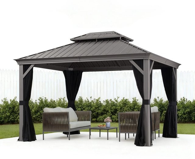 PURPLE LEAF Gartenpavillon Grau mit Hartdach aus verzinktem Stahl und Vorhang - Bild 1