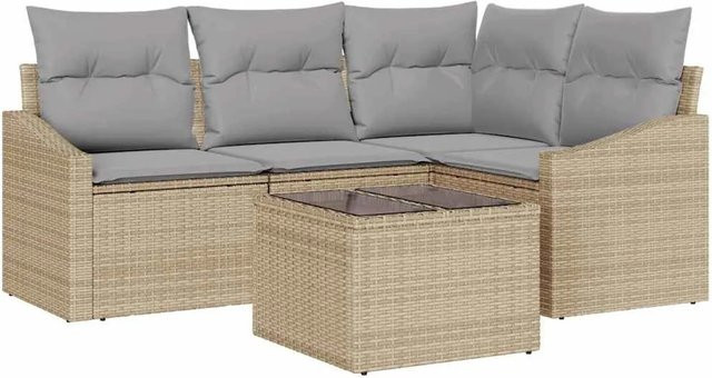 vidaXL Garten-Sofa-Set 5-teilig aus Polyrattan in Beige und Grau mit Polsterung und Tisch im L-Shape Design - Bild 1