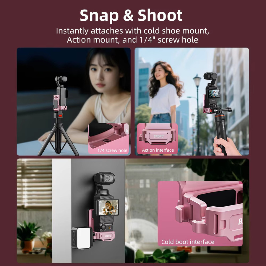 BRDRC Magnetische Erweiterungshalterung für DJI OSMO Pocket 4 in Pink, Metallkäfig mit verstellbarer Basis und Cold-Shoe-Adapter - Bild 5