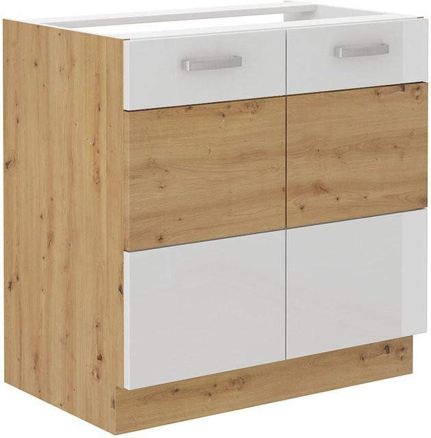 Spülenschrank Küchenzeile in Eiche Artisan und Weiß Hochglanz, Breite: 80 cm - Bild 1