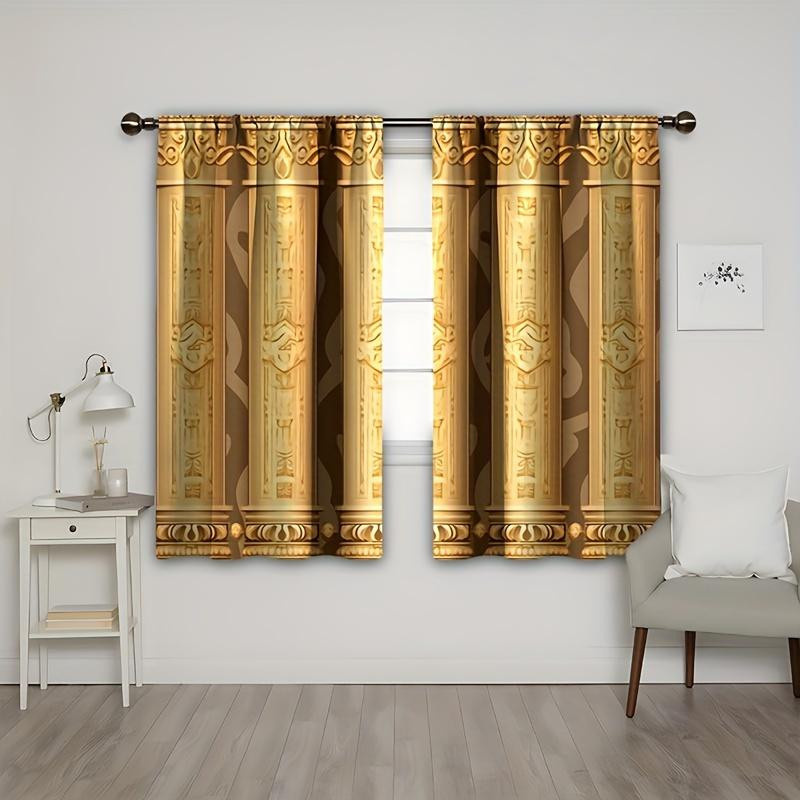 2er-Set Yiran Furniture Vorhang mit goldenen Retro-Elementen aus Polyester, semi-transparent, mit Ösen, Breite: 135 cm, Höhe: 245 cm - Bild 1
