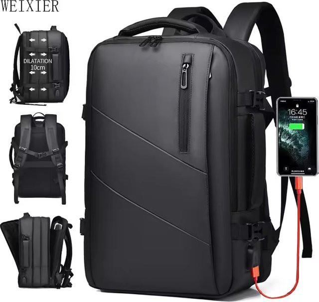 Weixier Business Rucksack für Herren mit USB-Anschluss, erweiterbare Computertasche, Schwarz - Bild 1