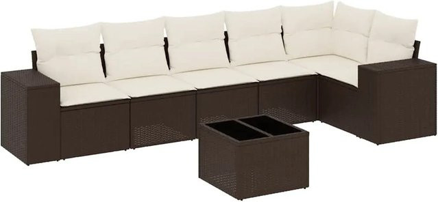 vidaXL 7-teilige Garten-Sofagarnitur in L-Form aus braunem Poly-Rattan mit Kissen und pulverbeschichtetem Stahlgestell - Bild 1