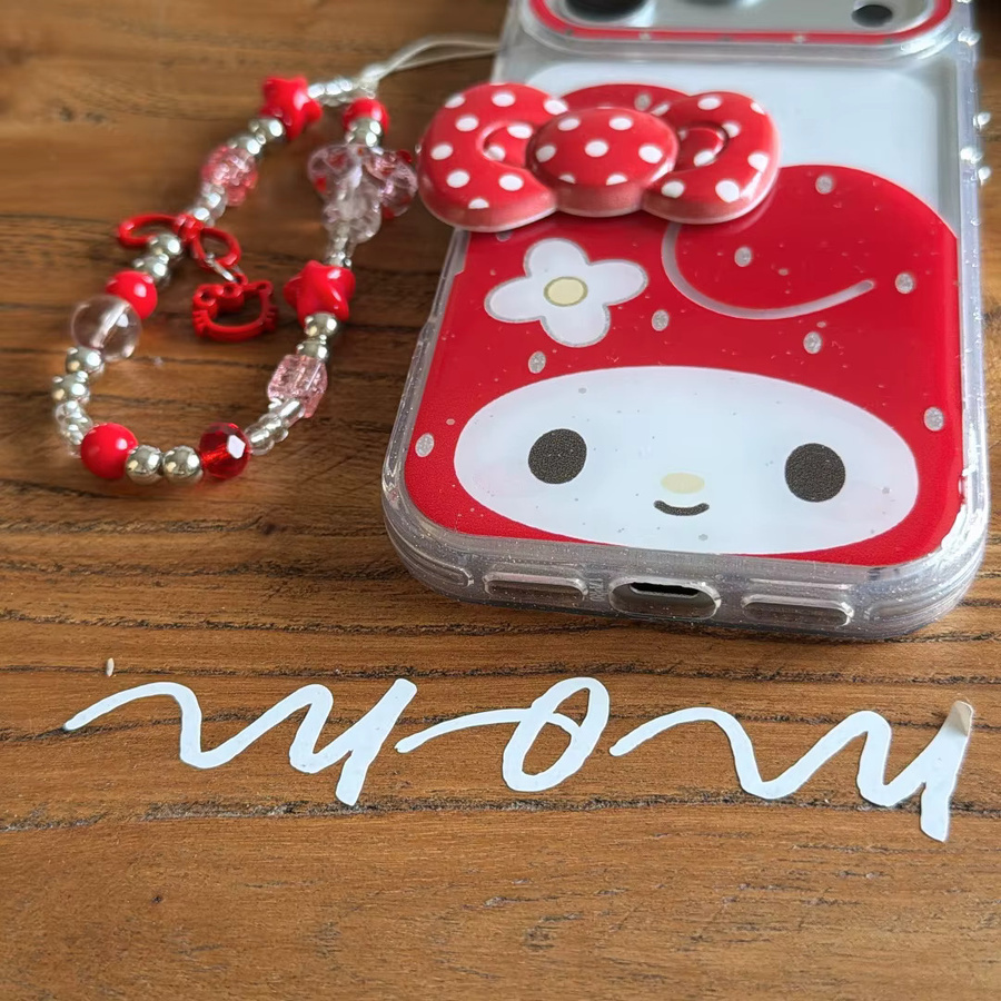 My Melody 3D Schleifenknoten Handyhülle für Apple iPhone 17 16 15 14 Pro Max 13, Stoßfeste TPU Schutzhülle mit Kette, Rot - Bild 6