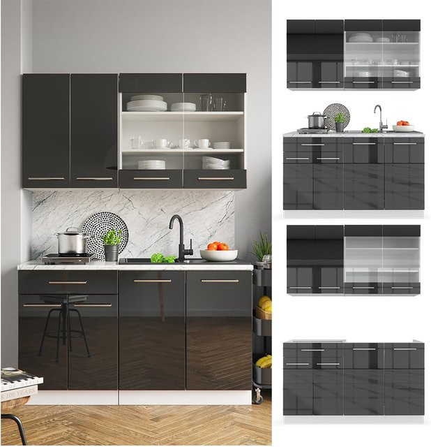 Vicco Küchenzeile Fame-Line Single Einbauküche in Anthrazit Hochglanz, Breite: 140 cm - Bild 1