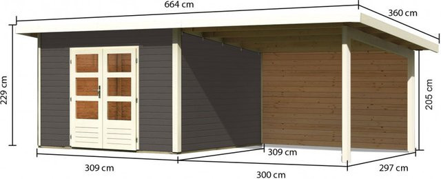 Gartenhaus Karibu NORTHEIM 4 aus Massivholz mit Anbaudach und Rückwand, Farbe: Terragrau, B: 369 cm, T: 309 cm, H: 189 cm - Bild 1