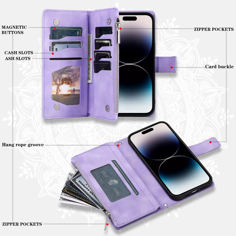 Leder Zipper Wallet Case für Motorola Moto G54 G34 G04 E13 G53 G13 G23 G72 G62 G73 G50 G30 G71 G31 G41 G Power in Grün und Lila - Bild 3