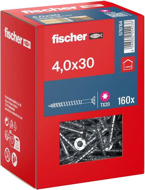 Fischer PowerFast II Senkkopf TX Teilgewinde Schraube aus verzinktem Stahl, Durchmesser: 4 mm, Länge: 30 mm, Farbe: Silber/Blau - Bild 1