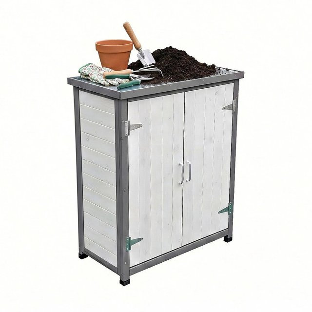 Relaxdays Pflanztisch aus Tannenholz und verzinktem Stahl mit Unterschrank in Weiß und Grau, B/T/H: 90 x 75 x 40 cm - Bild 1