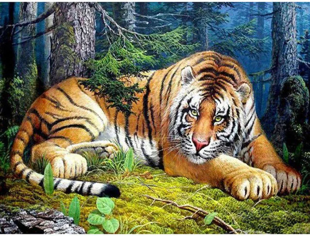FIYO 5D-Diamantgemälde mit Tiger Motiv, rund, mehrfarbig, B: 30 cm, H: 20 cm - Bild 1