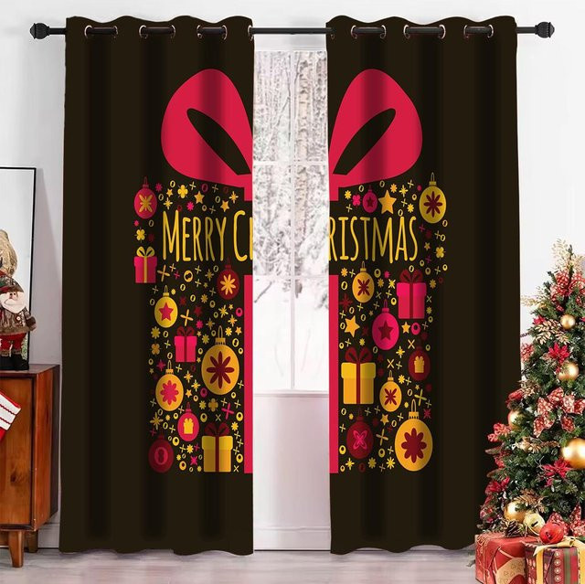 Weihnachtsvorhänge mit 3D-Weihnachtsbaum und Elch-Dekor, 2 Paneele, halbtransparent, bunt, B: 100 cm, H: 130 cm - Bild 1