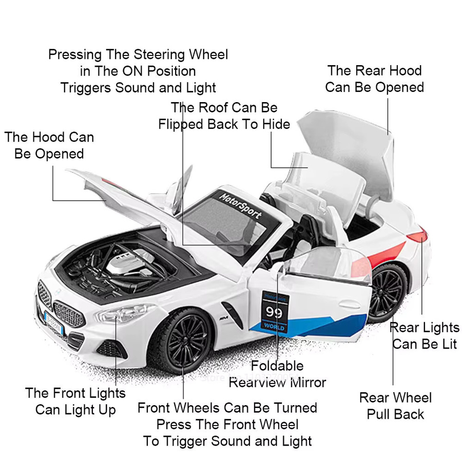 MAKEDA Z4 I8 Diecast Spielzeug Auto, 1:22, Metall, mit Licht und Sound - Bild 3