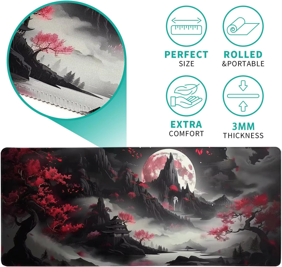 Japanisches rotes Vollmond-Mauspad mit schwarzem Riverside-Design für Gaming und Büro - Bild 5
