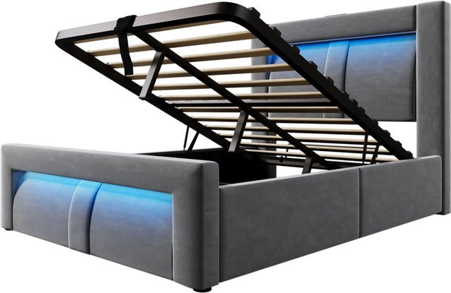 okwish Einzelbett für Kinderzimmer mit LED-Beleuchtung, USB-Ladeport und Nachttischregal, Grau, B/T/H: 90 x 200 x 45,5 cm (ohne Matratze) - Bild 1