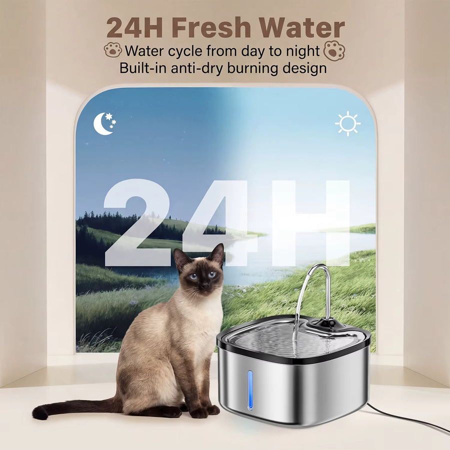 LABEKA Katzen-Trinkbrunnen im Wasserhahn-Design aus Edelstahl in Silber, 3,5 l Haustier-Trinkspender mit sichtbarem Wasserstand, geräuschloser Pumpe und LED-Beleuchtung - Bild 2