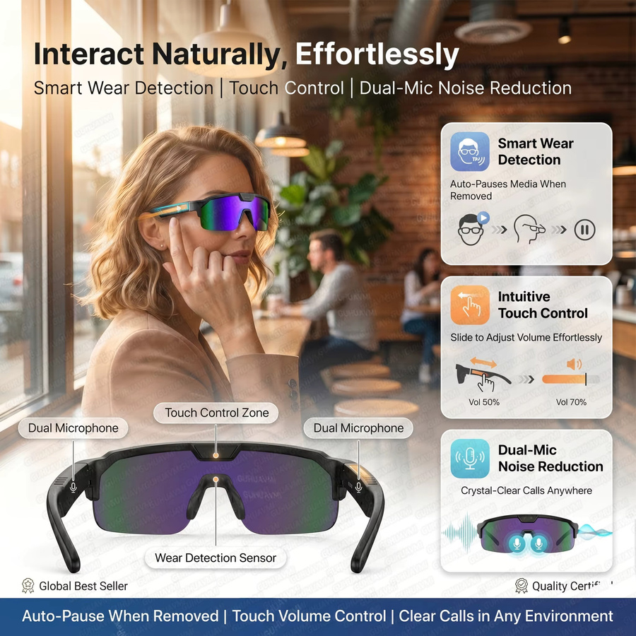 GUHUAVMI Smarte Brille mit 4K HD Anti-Shake-Kamera, 3D-Stereo-Lautsprechern und Bluetooth in Schwarz mit polarisiertem UV400 Schutz für Outdoor-Videos und KI-Funktionen - Bild 3
