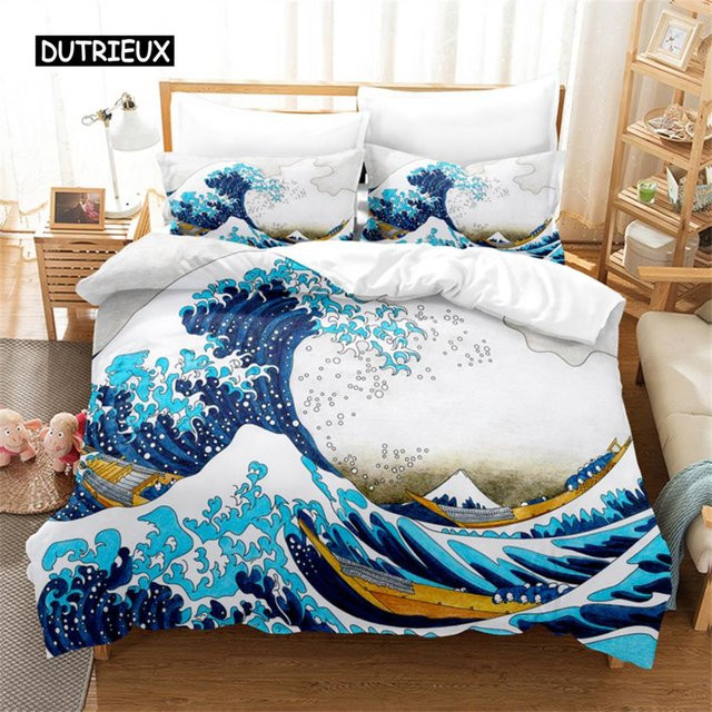 Binchi Outdoor Product Bettwäscheset Art Wave Painting in Blau, 3D-Digitaldruck aus Mikrofaser, B/H: 135 x 200 cm - Bild 1