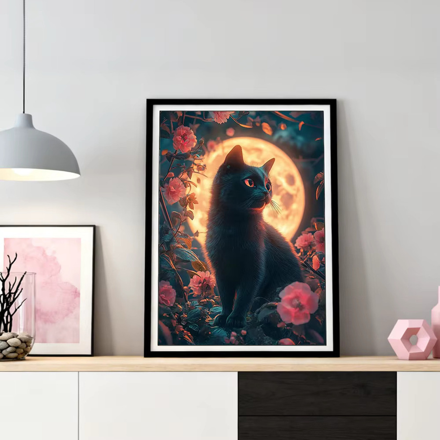 HUACAN 5D Diamantmalerei Katze und Mond Mosaik-Set mit Blumen, Multicolour, B/H: 30 x 20 cm - Bild 2