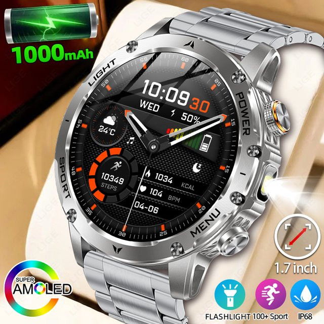 LIGE Smartwatch für Herren mit AMOLED-Display, Herzfrequenzmesser, Bluetooth-Anruffunktion und IP68 Wasserdichtigkeit in Schwarz und Silber - Bild 1