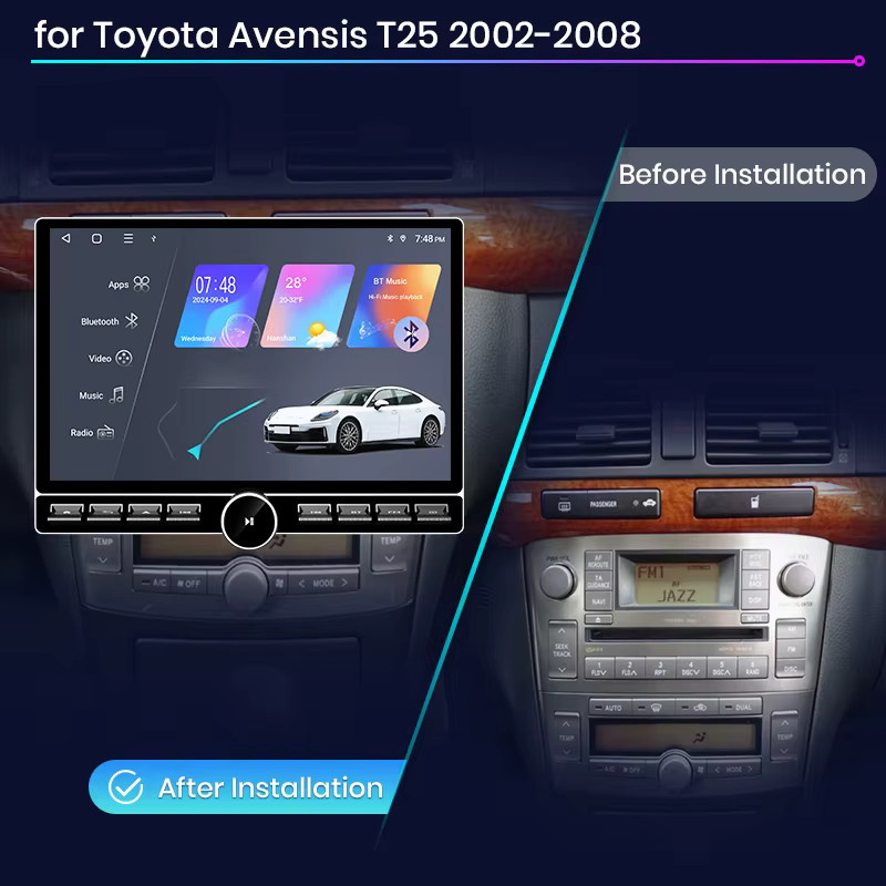 Junsun QLED Wireless CarPlay Android Auto Autoradio für Toyota Avensis T25 2002-2008 mit 13,1 Zoll Display, GPS und DSP in Schwarz - Bild 2