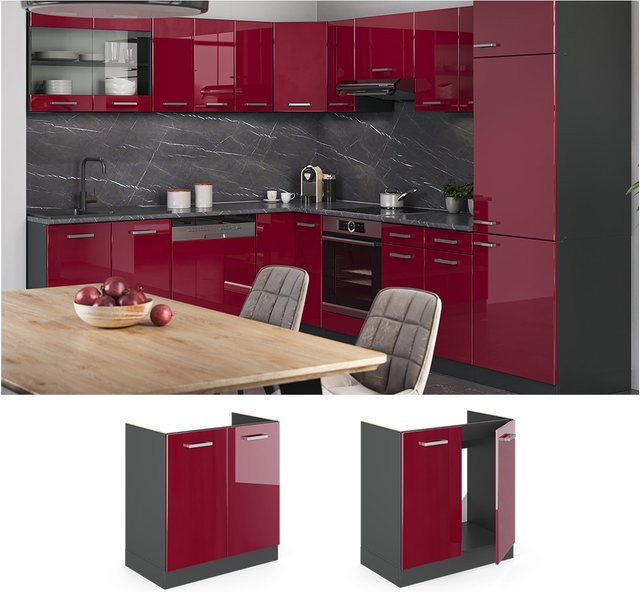 Vicco Spülenunterschrank R-Line in Bordeaux Hochglanz und Anthrazit, Breite: 80 cm - Bild 1