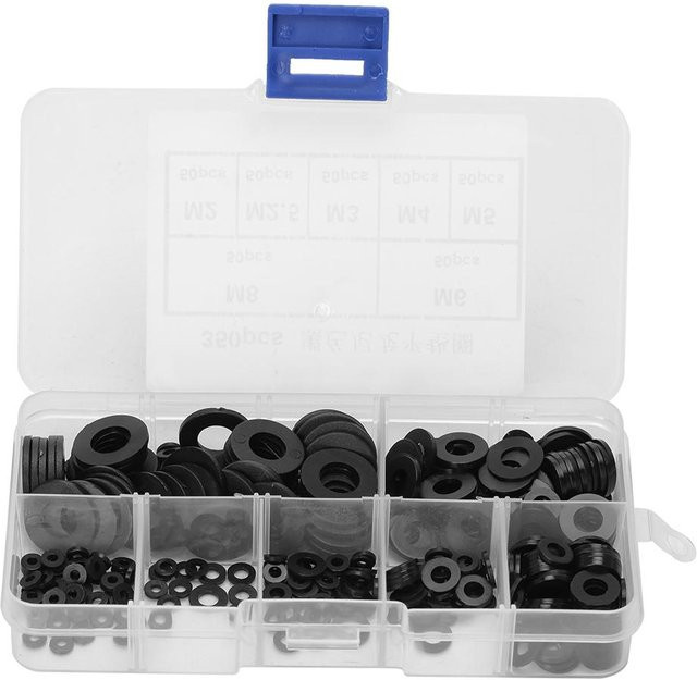 350 Stück Flache Unterlegscheiben aus schwarzem Nylon Kunststoff als Dichtungsring Set für M2 M2.5 M3 M4 M5 M6 M8 - Bild 1