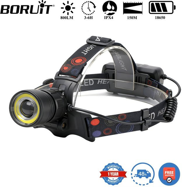 BORUiT V27 Zoombare LED-Stirnlampe mit 800 Lumen, wiederaufladbarer COB-Scheinwerfer, wasserdicht, Schwarz - Bild 1