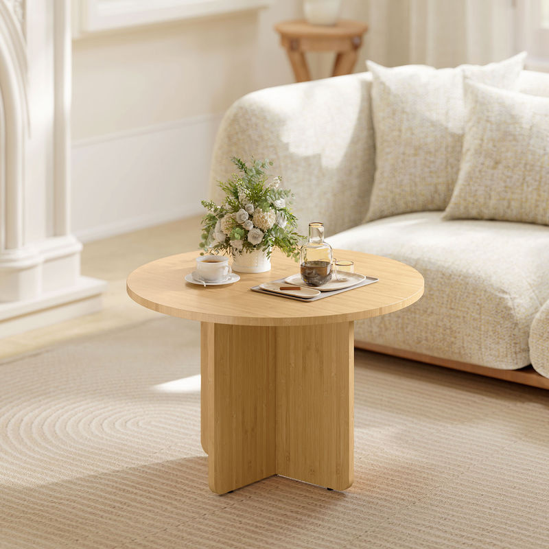 HOMCOM Couchtisch Rund aus Bambus in Natur, moderner Beistelltisch mit Kreuzfuß für Wohnzimmer und Schlafzimmer, Durchmesser: 66 cm - Bild 2