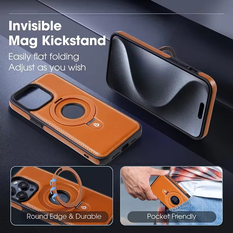 MagSafe Lederhülle mit klappbarem Metallring-Ständer für Apple iPhone 17 Air 16 15 14 13 Pro Max Plus in Schwarz - Bild 2